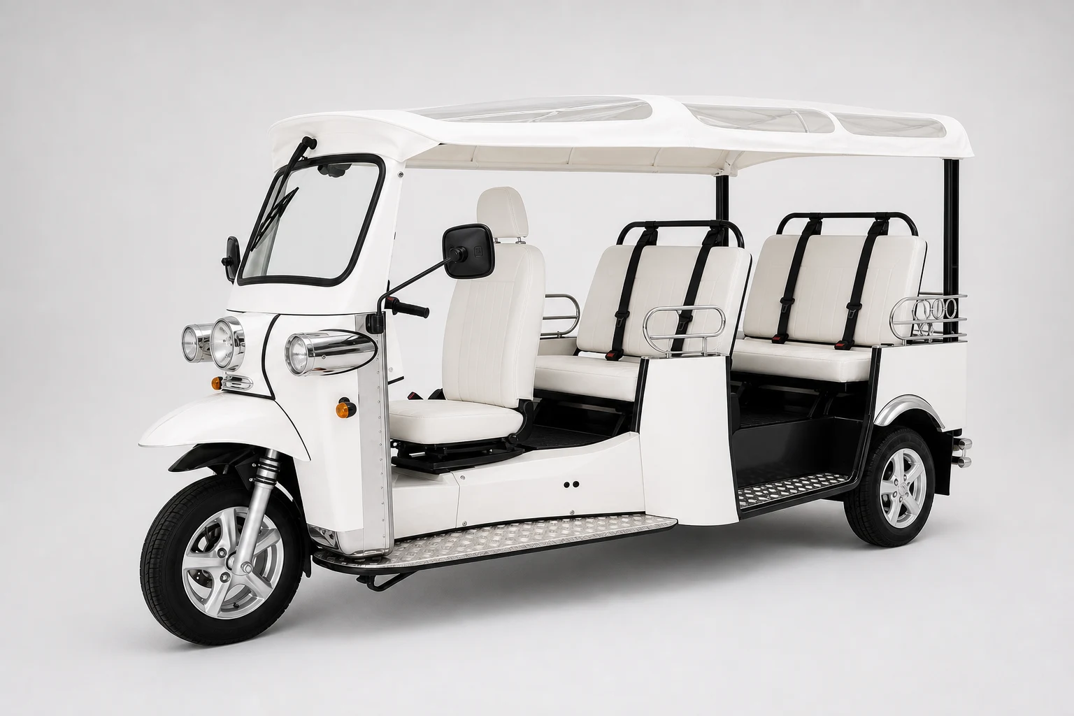 White eTuk L5 Limo GT passenger electric tuk tuk studio view
