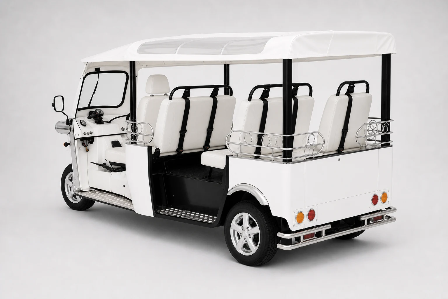 eTuk L5 Limo GT rear passenger seating studio view