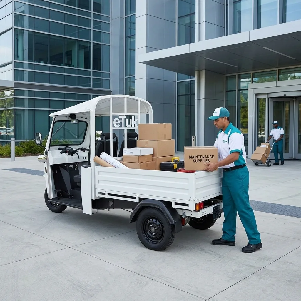 eTuk L5 Pickup electric three-wheel utility vehicle with open cargo bed