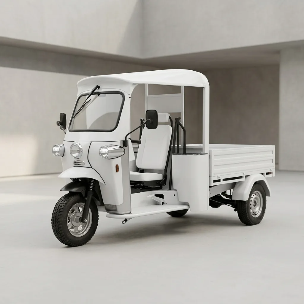 Open rear cargo bed on eTuk L5 Pickup electric utility vehicle