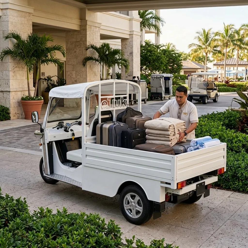 eTuk L5 Pickup electric utility vehicle showing compact footprint and open bed