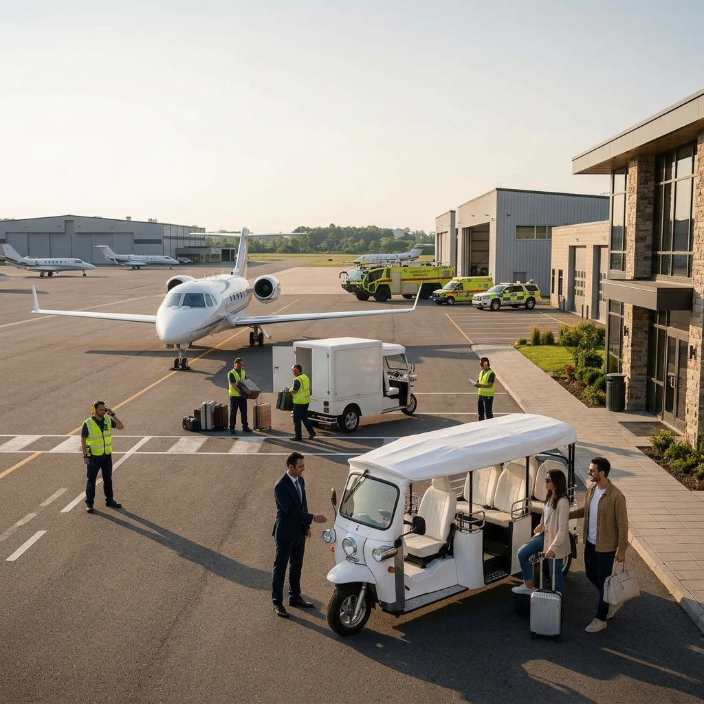 Passenger and cargo eTuk vehicles supporting a coordinated private aviation operation