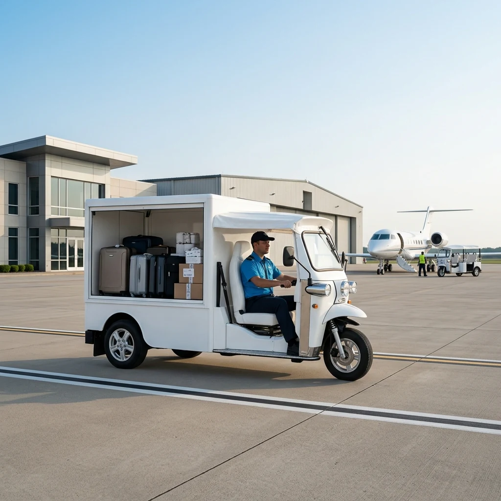 Electric eTuk L5 Cargo carrying luggage at a private aviation campus