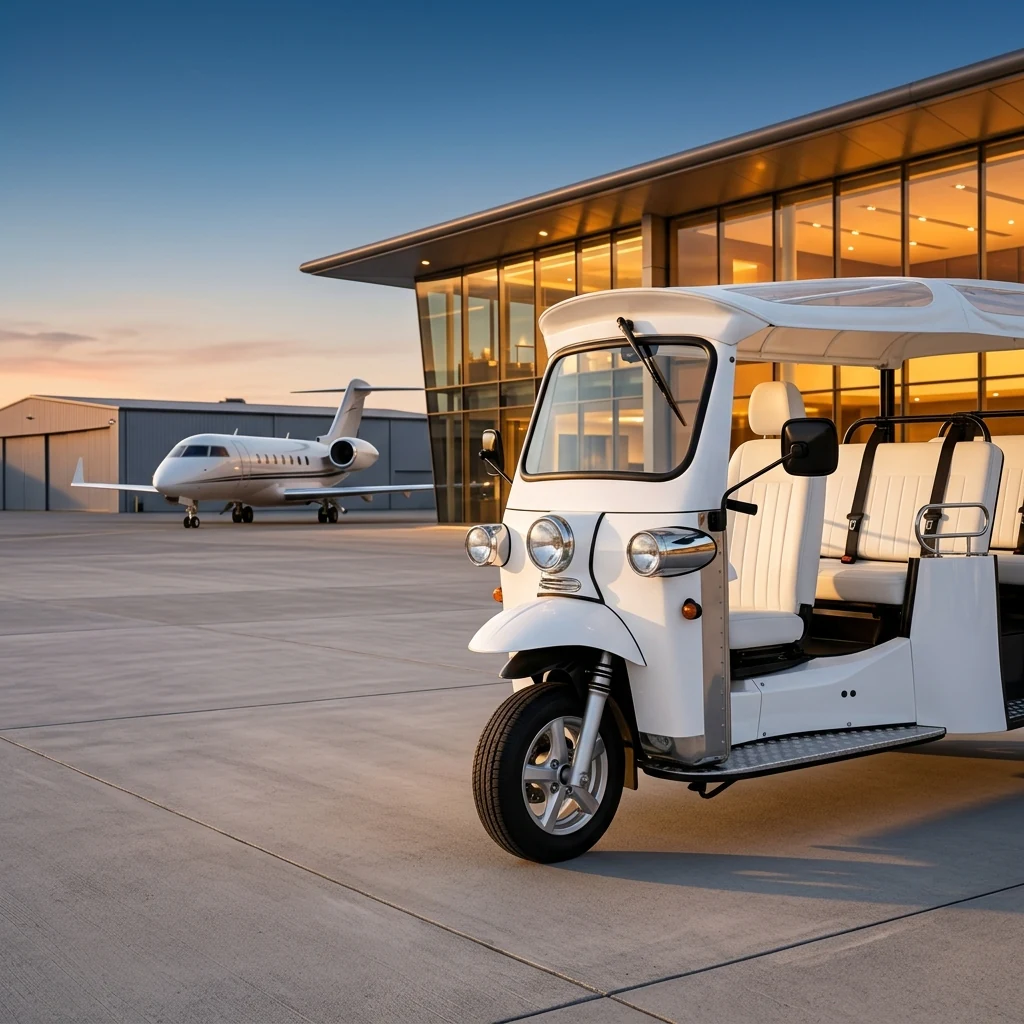Electric eTuk passenger shuttle outside a private aviation terminal