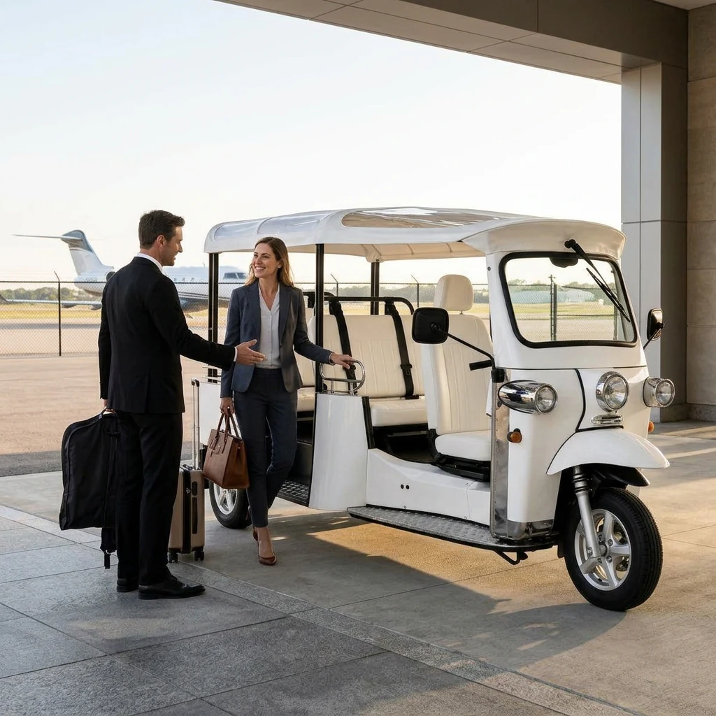 Aviation concierge welcoming passengers beside an electric eTuk shuttle