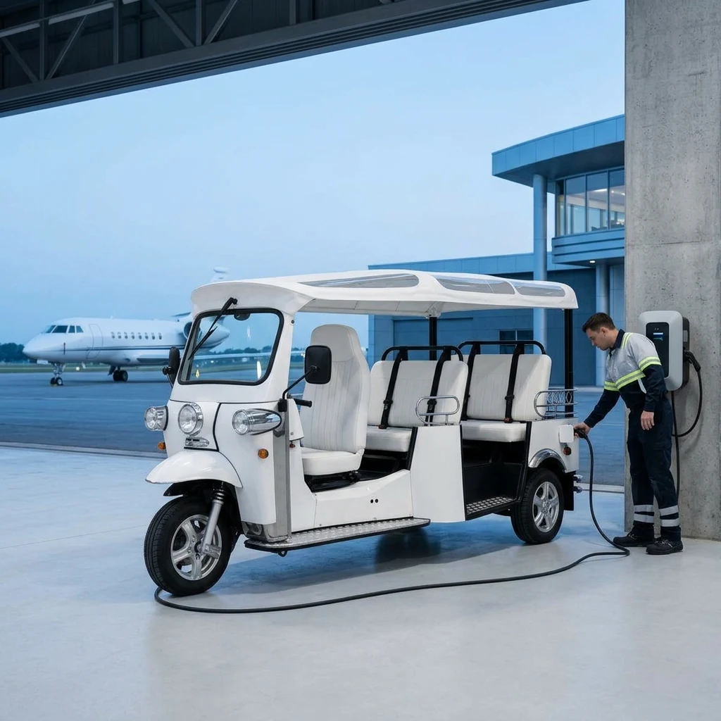 Electric eTuk Shuttle connected to charging equipment near an aviation hangar