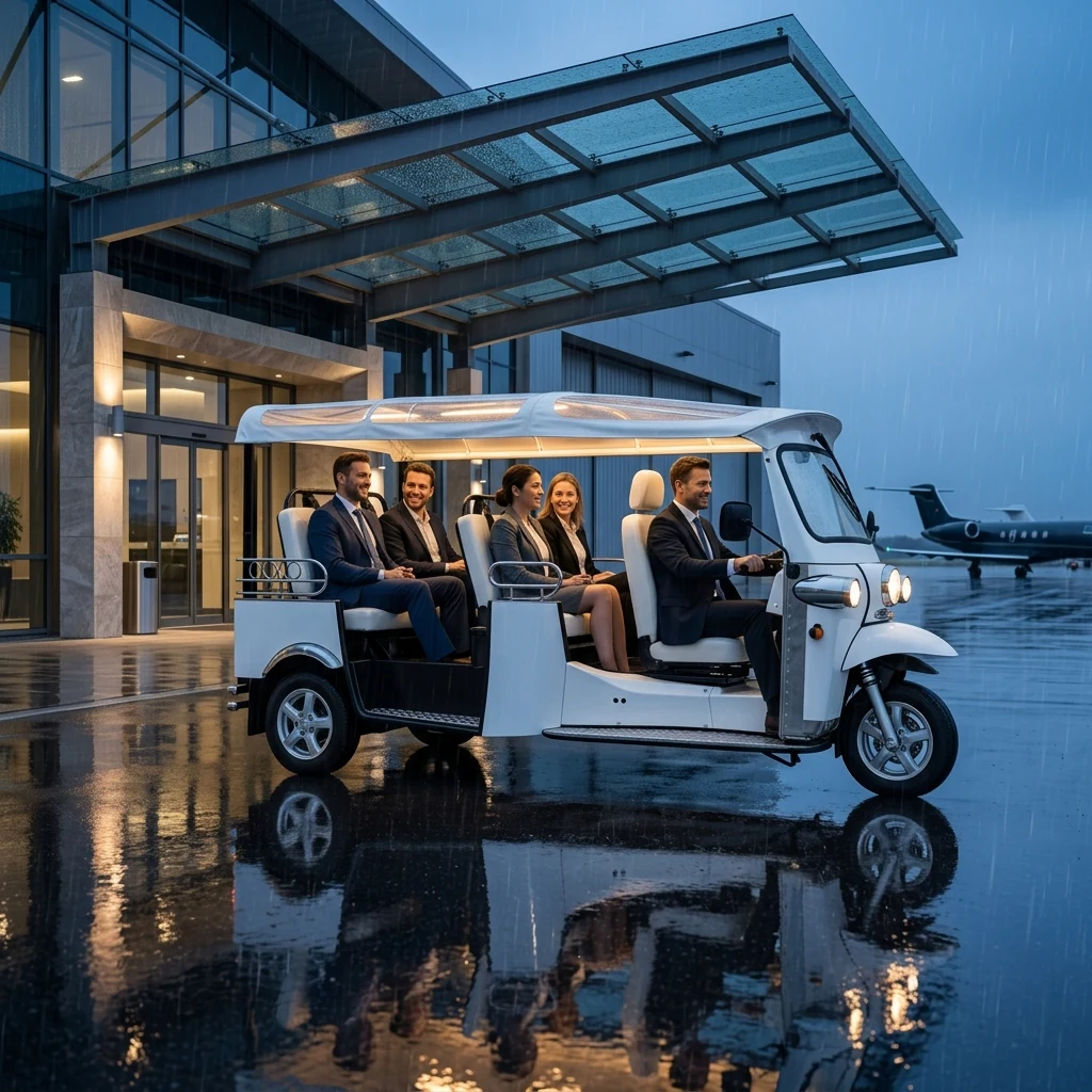 Passengers traveling in an eTuk Shuttle outside a private aviation terminal after rain