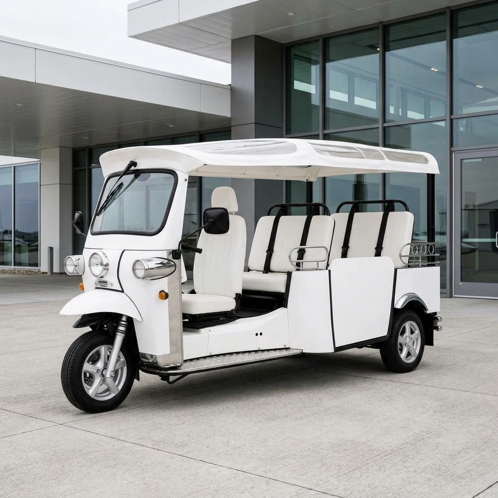 White eTuk L5 Shuttle outside a private aviation terminal